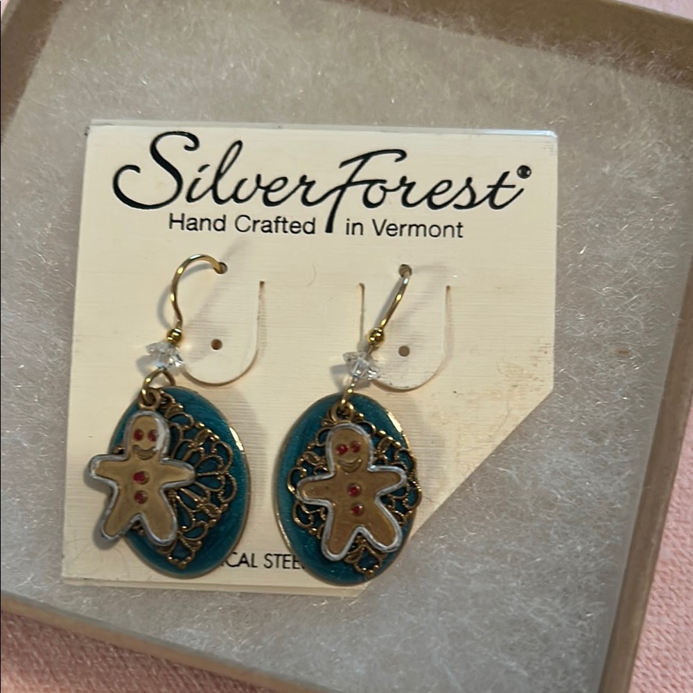 Silver Forest Gold and Blue Gingerbread Earrings